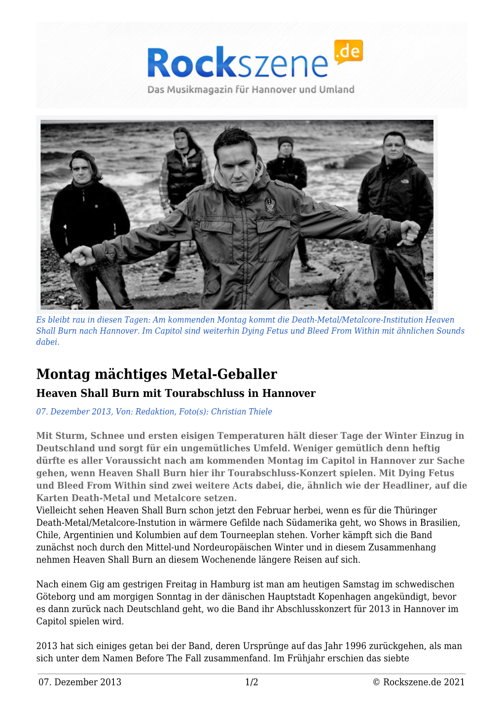 Montag Mächtiges Metal-Geballer Heaven Shall Burn Mit Tourabschluss in Hannover