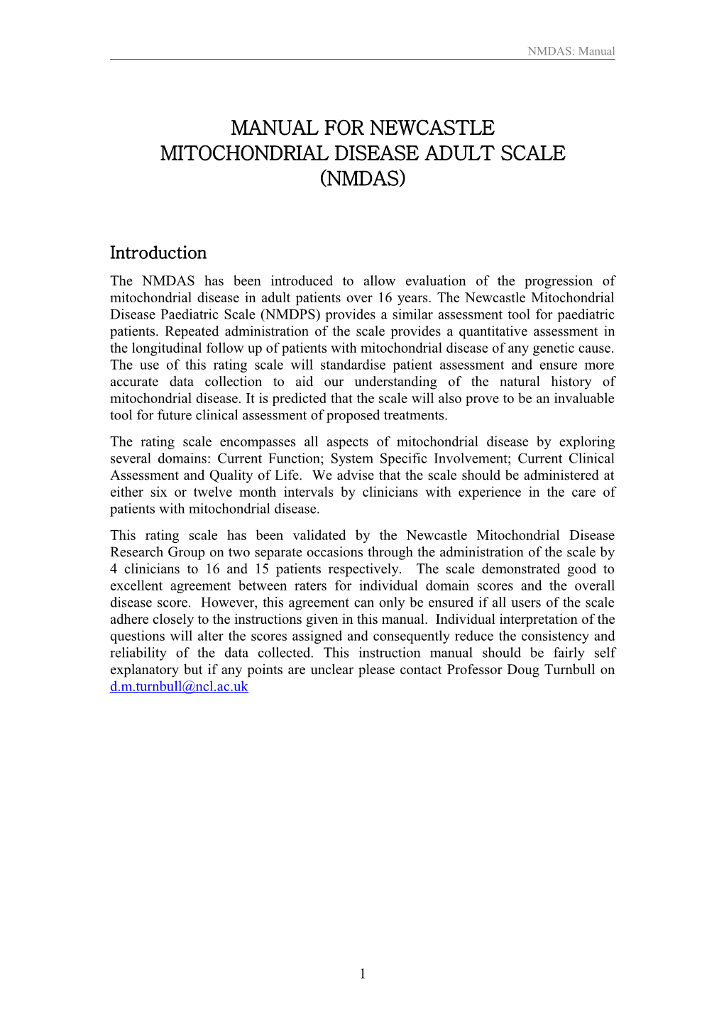 Manual for Newcastle Mitochondrial Disease Scale (Nmds)