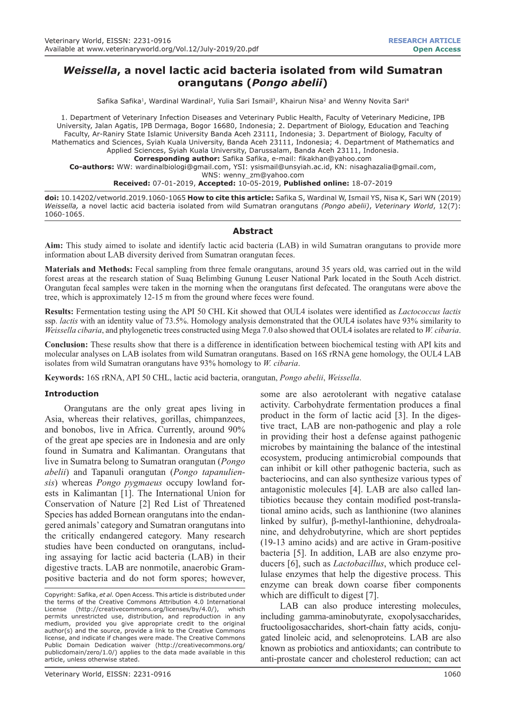 Weissella, a Novel Lactic Acid Bacteria Isolated from Wild Sumatran Orangutans (Pongo Abelii)