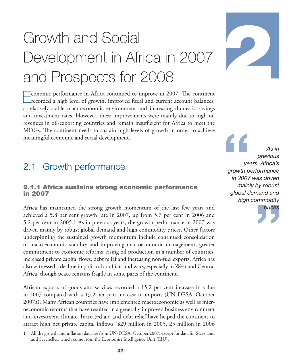 Growth and Social Development in Africa in 2007 and Prospects for 2008 2 Conomic Performance in Africa Continued to Improve in 2007