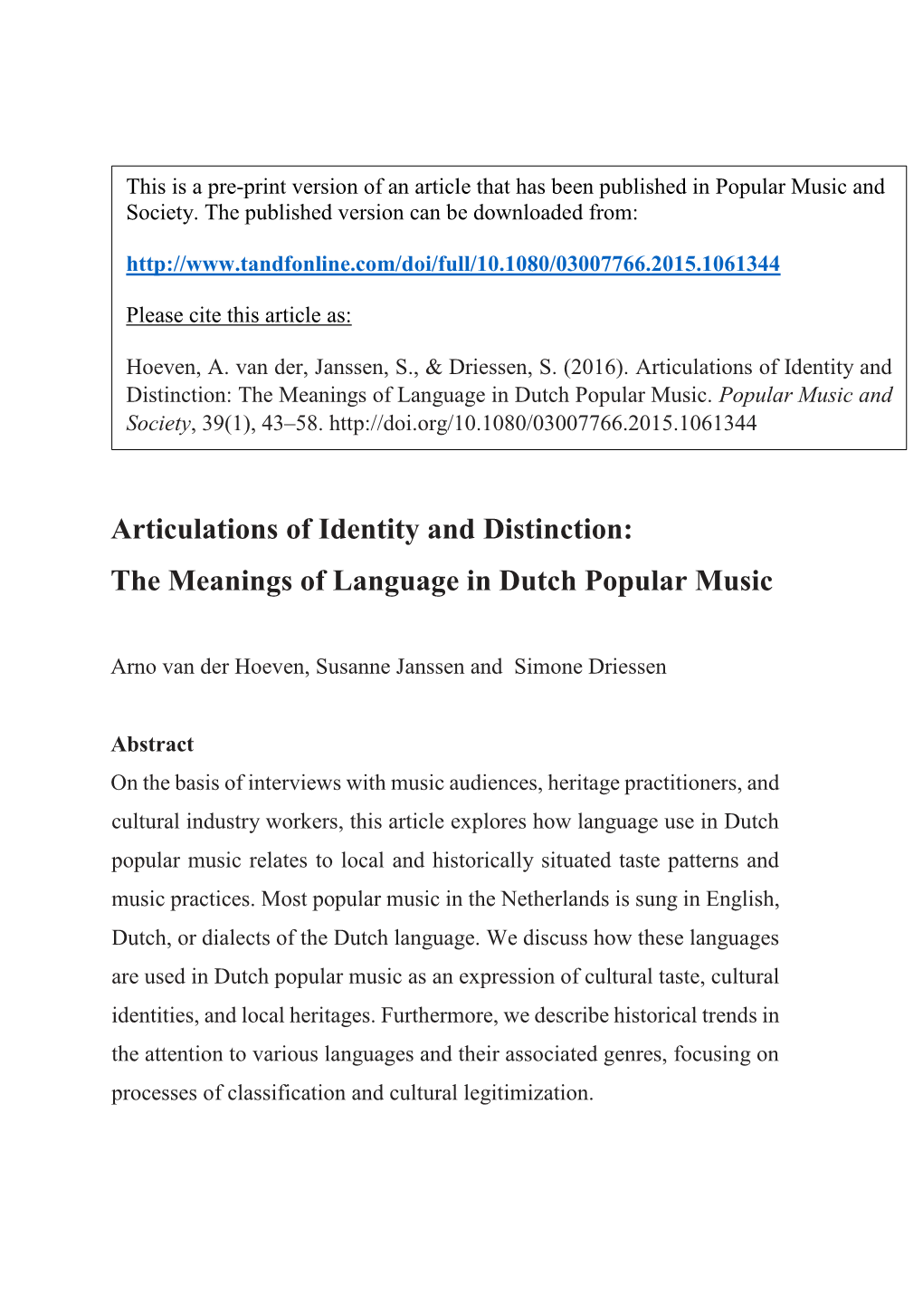 Articulations of Identity and Distinction: the Meanings of Language in Dutch Popular Music