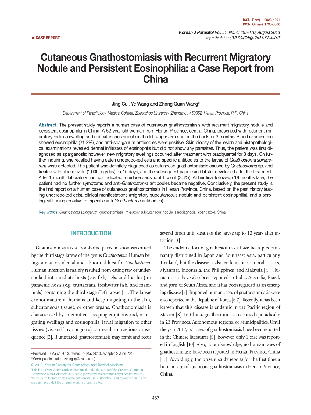 Cutaneous Gnathostomiasis with Recurrent Migratory Nodule and Persistent Eosinophilia: a Case Report from China