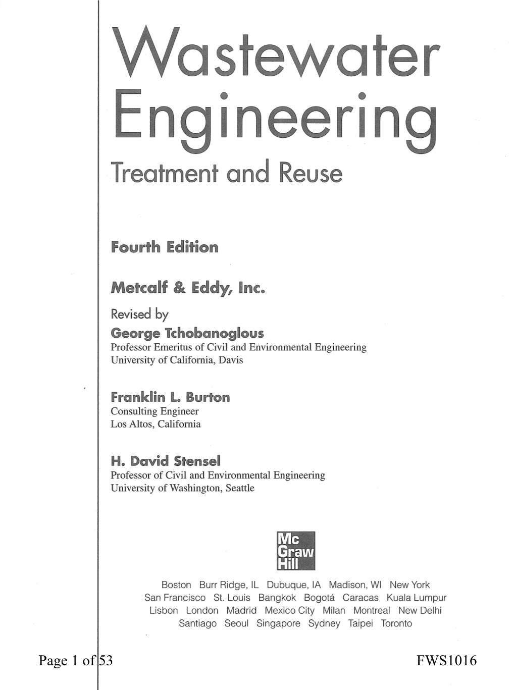 WASTEWATER ENGINEERING, TREATMENT and REUSE FOURTH Edmon