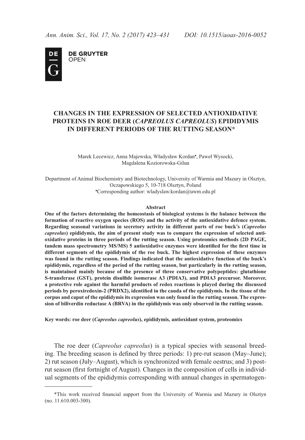 Changes in the Expression of Selected Antioxidative Proteins in Roe Deer (Capreolus Capreolus) Epididymis in Different Periods of the Rutting Season* *