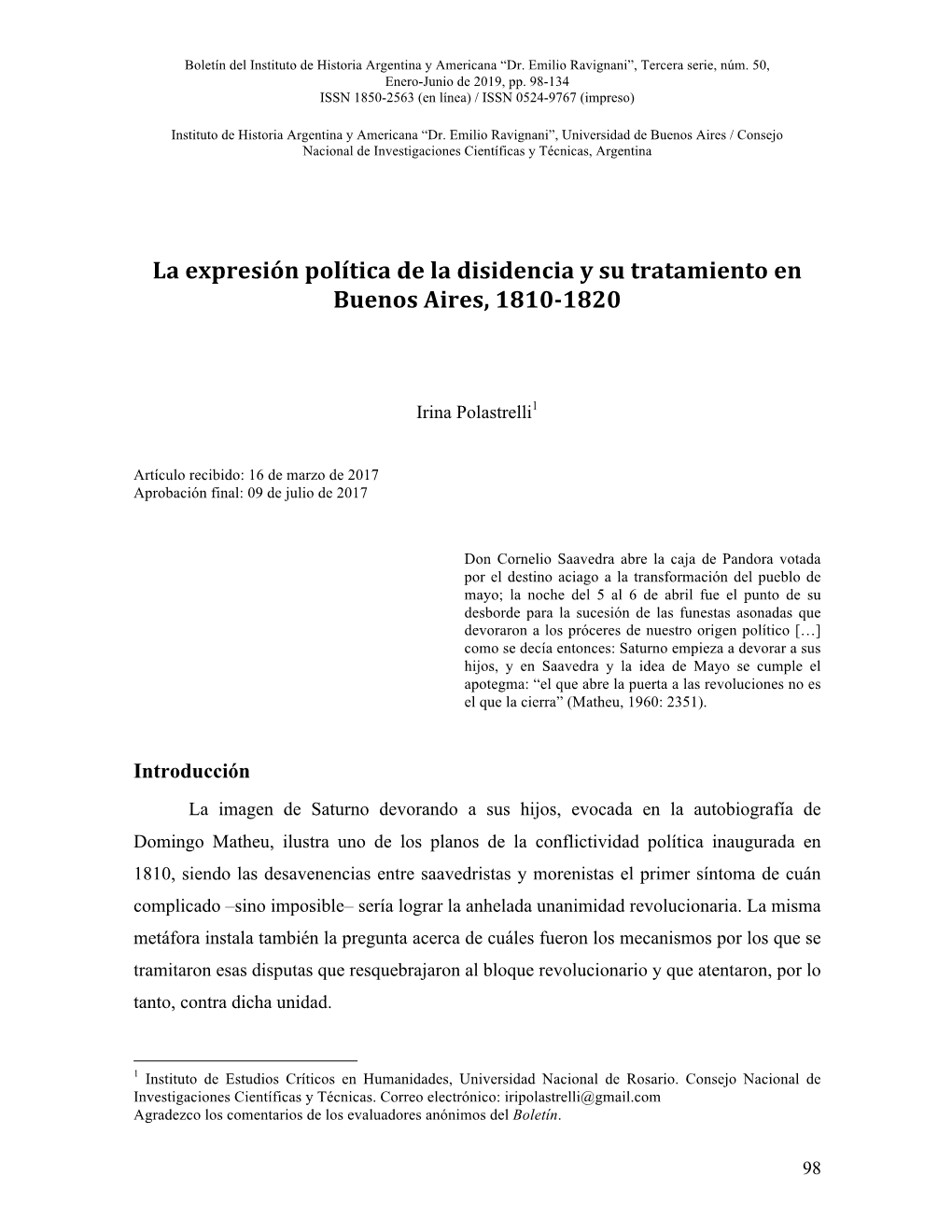 La Expresión Política De La Disidencia Y Su Tratamiento En Buenos Aires, 1810-1820