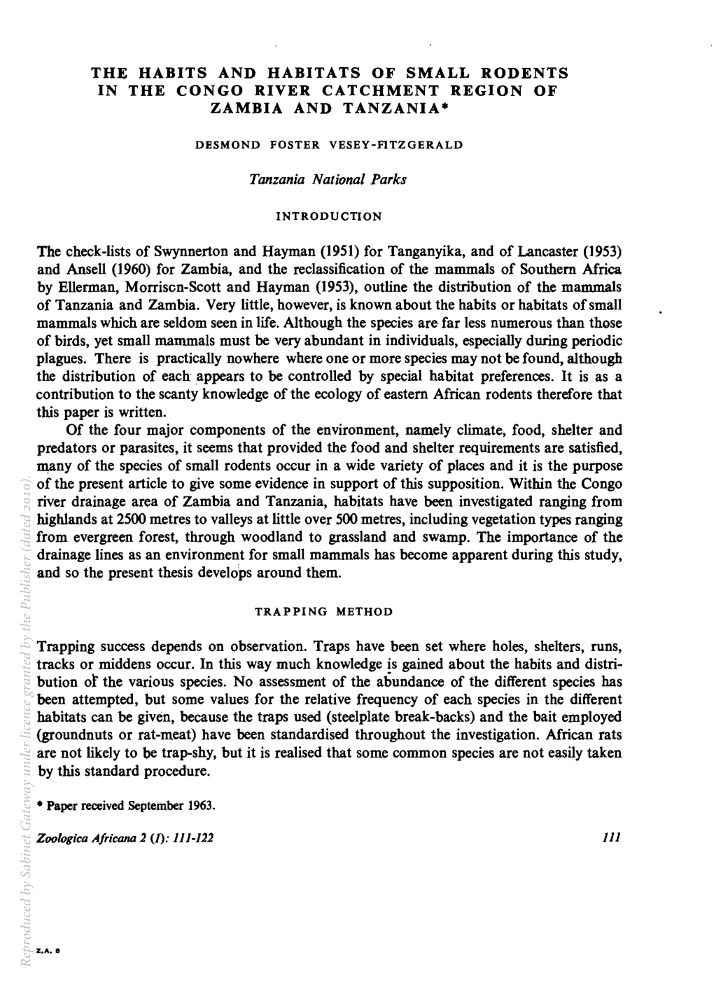 The Habits and Habitats of Small Rodents in the Congo River Catchment Region of Zambia and Tanzania·