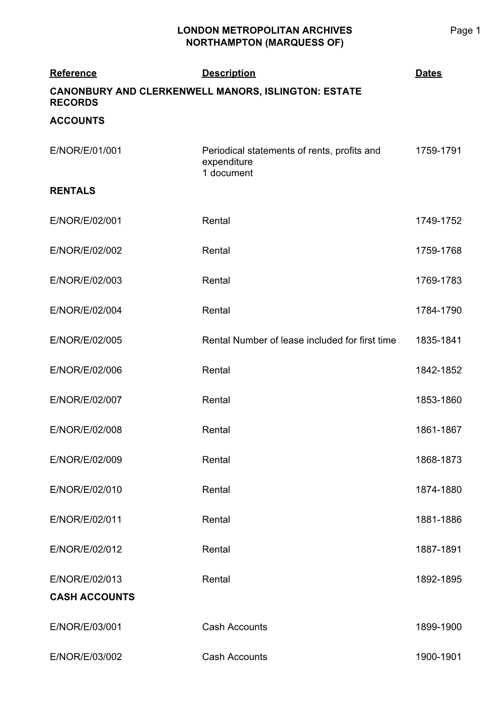 E/NOR Page 1 Reference Description Dates CANONBURY AND