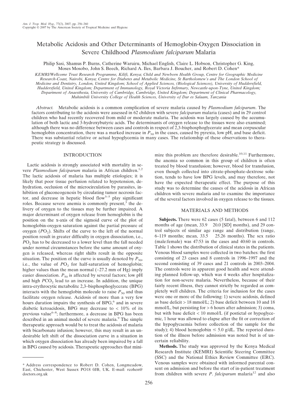 Metabolic Acidosis and Other Determinants of Hemoglobin-Oxygen Dissociation in Severe Childhood Plasmodium Falciparum Malaria