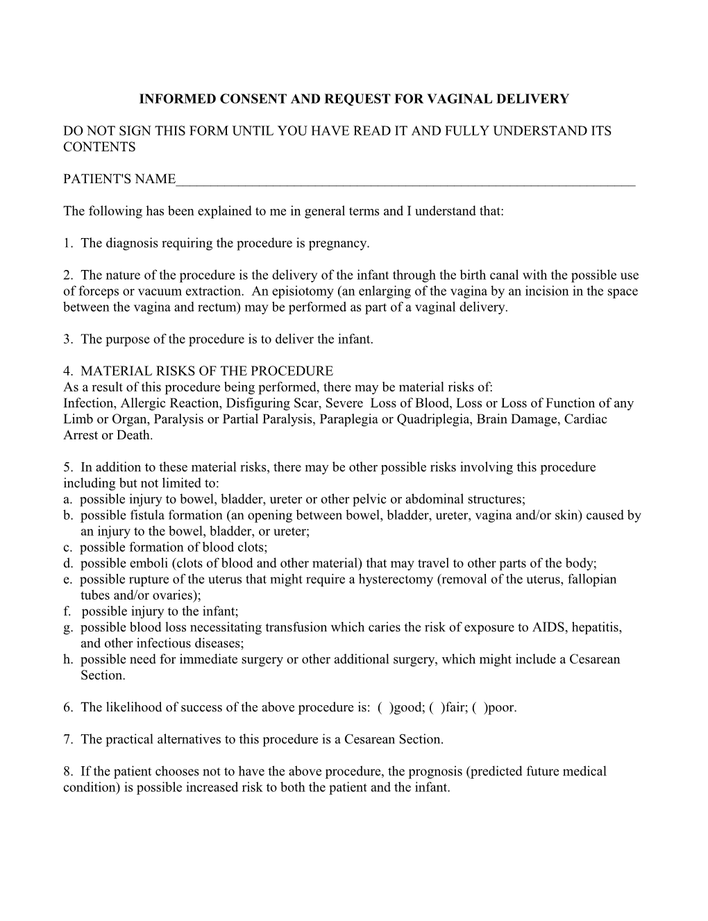 Informed Consent and Request for Vaginal Delivery