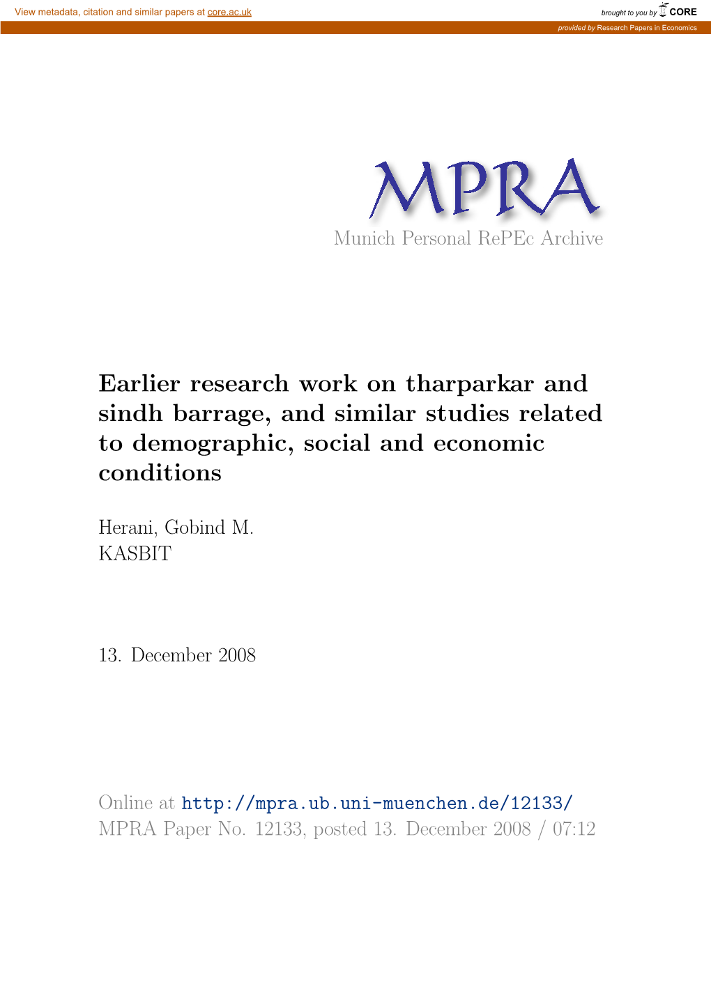 Earlier Research Work on Tharparkar and Sindh Barrage, and Similar Studies Related to Demographic, Social and Economic Conditions