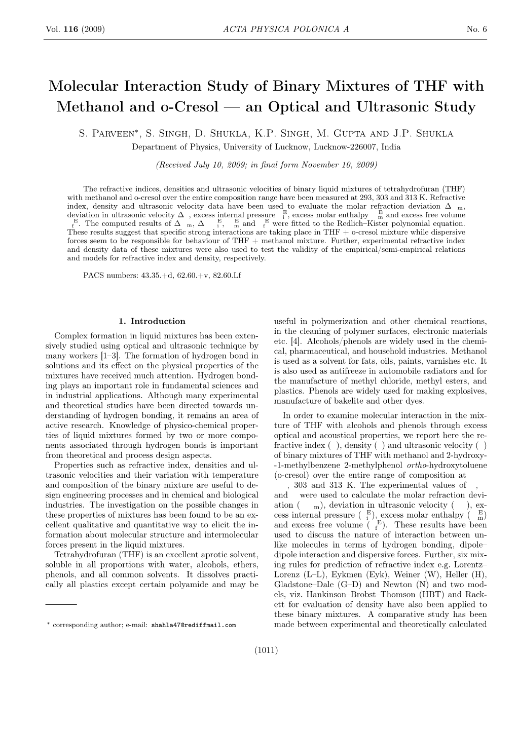 Molecular Interaction Study of Binary Mixtures of THF with Methanol and O-Cresol — an Optical and Ultrasonic Study