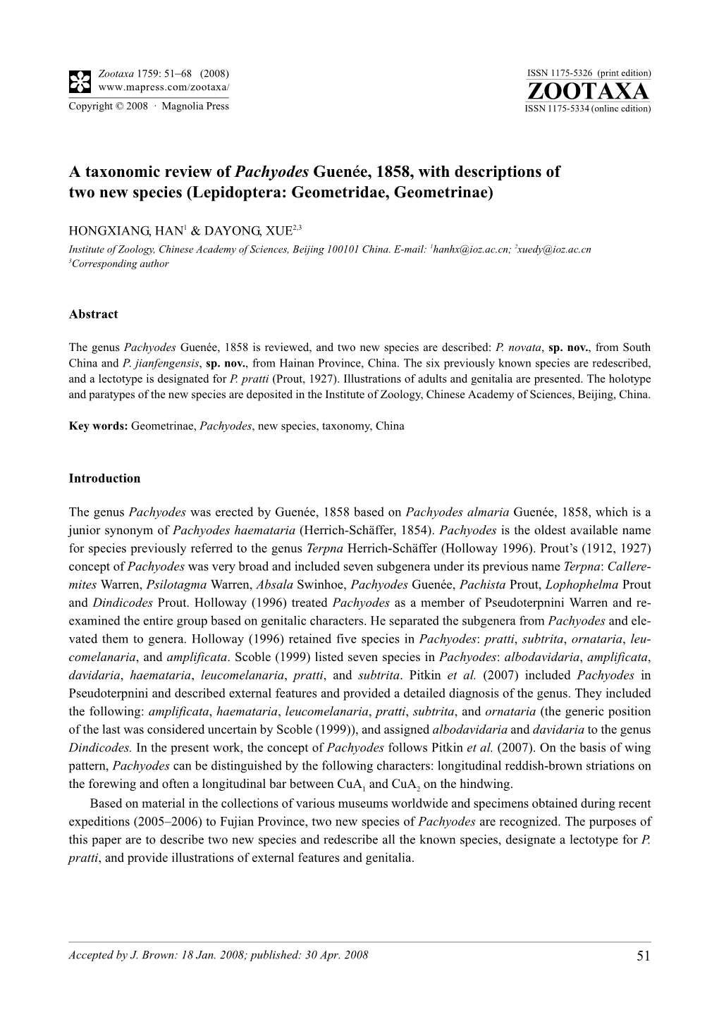 Zootaxa, a Taxonomic Review of Pachyodes