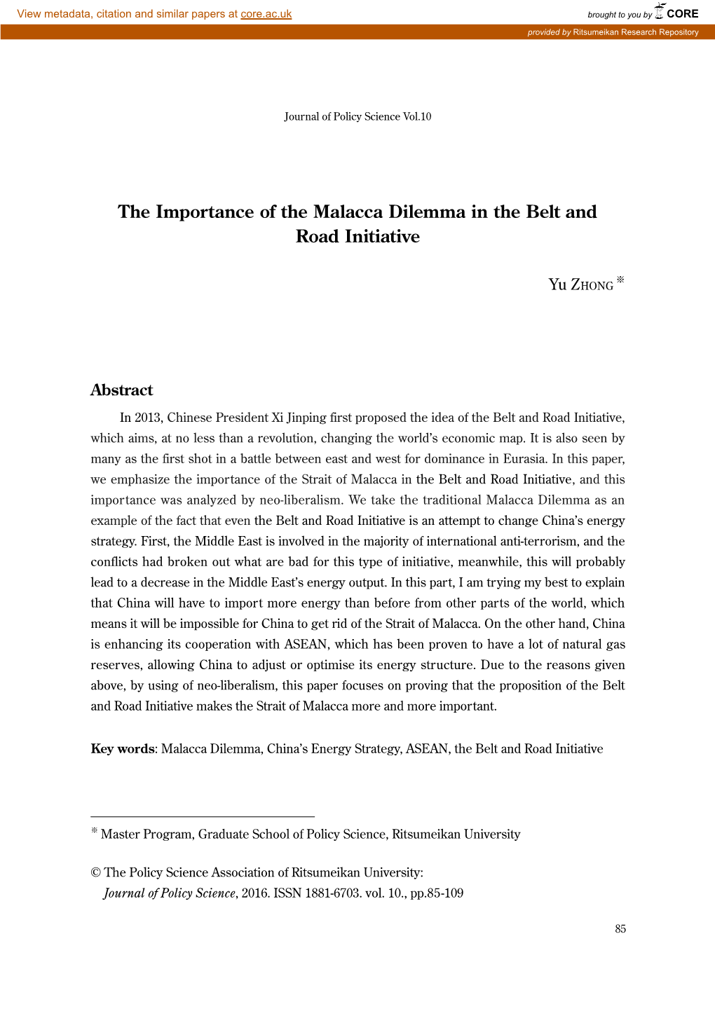 The Importance of the Malacca Dilemma in the Belt and Road Initiative