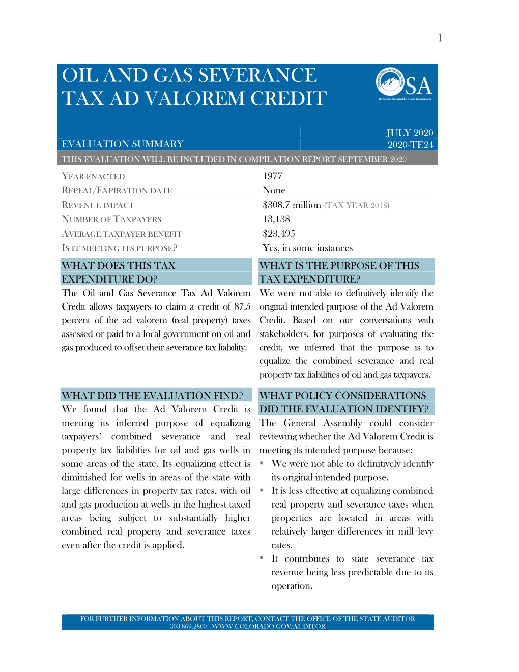 Oil and Gas Severance Tax Ad Valorem Credit