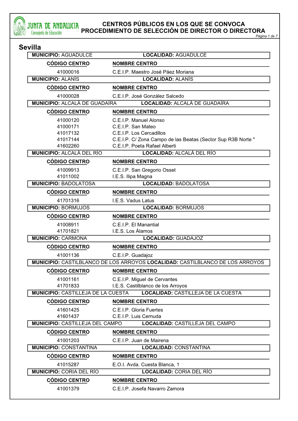 Sevilla MUNICIPIO: AGUADULCE LOCALIDAD: AGUADULCE CÓDIGO CENTRO NOMBRE CENTRO 41000016 C.E.I.P