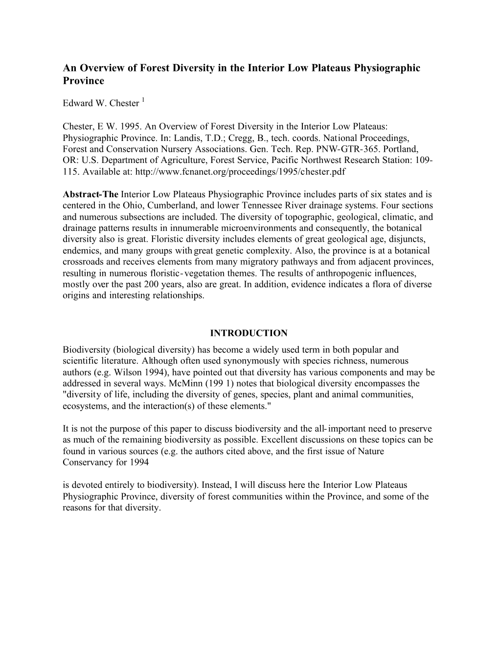 An Overview of Forest Diversity in the Interior Low Plateaus Physiographic Province