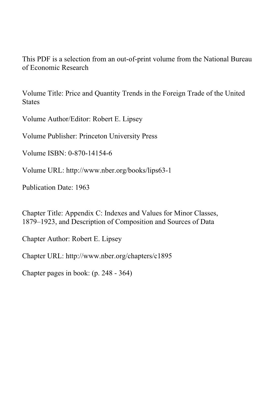 Appendix C Indexes and Values for Minor Classes, 1879-1923, And