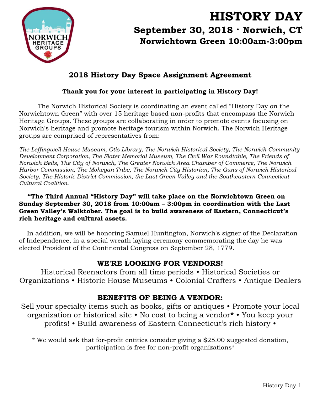 2018 History Day Space Assignment Agreement