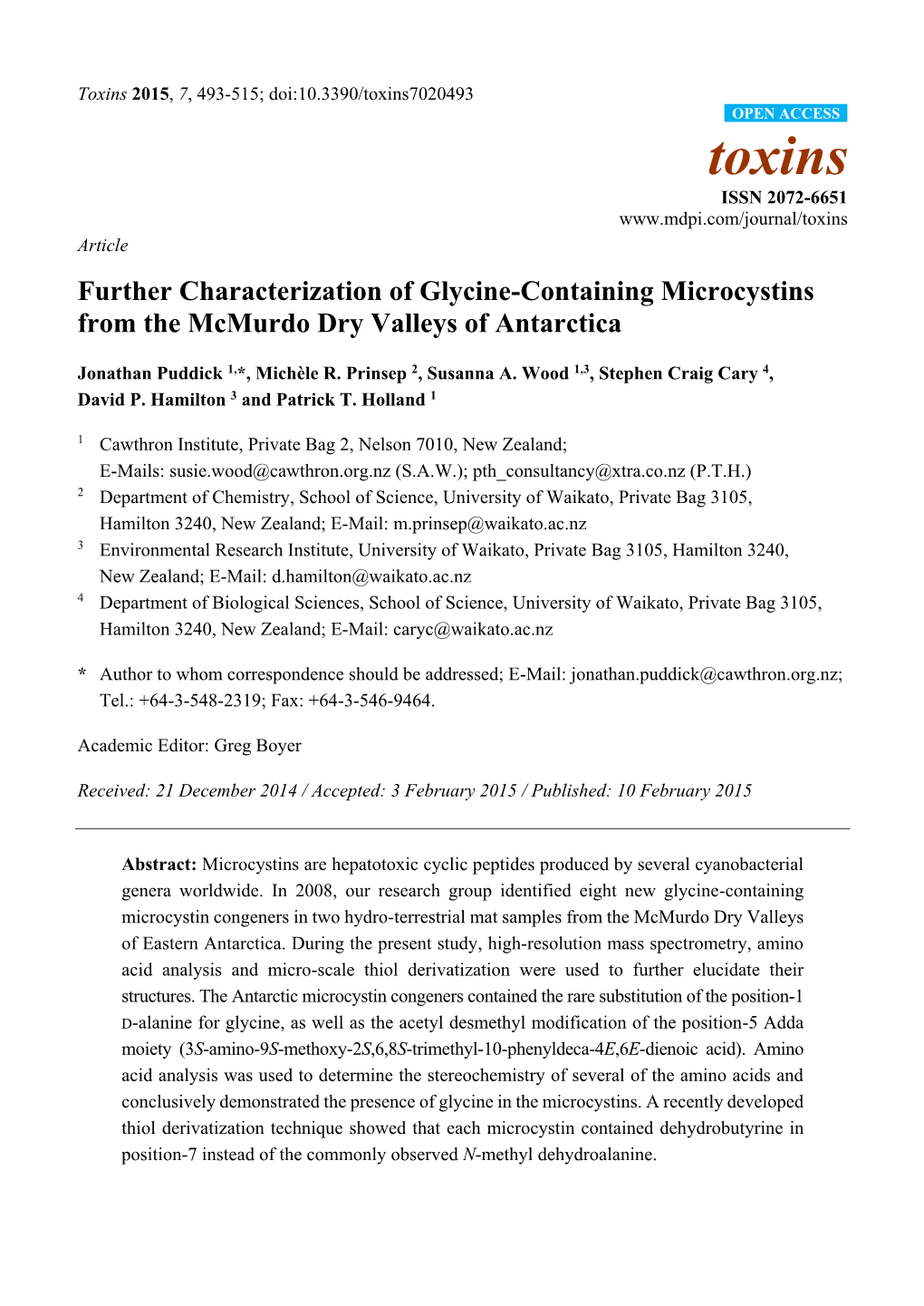 Further Characterization of Glycine-Containing Microcystins from the Mcmurdo Dry Valleys of Antarctica