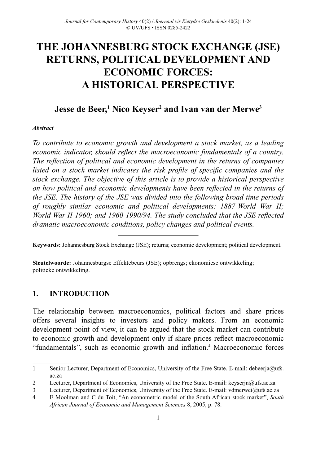 (Jse) Returns, Political Development and Economic Forces: a Historical Perspective