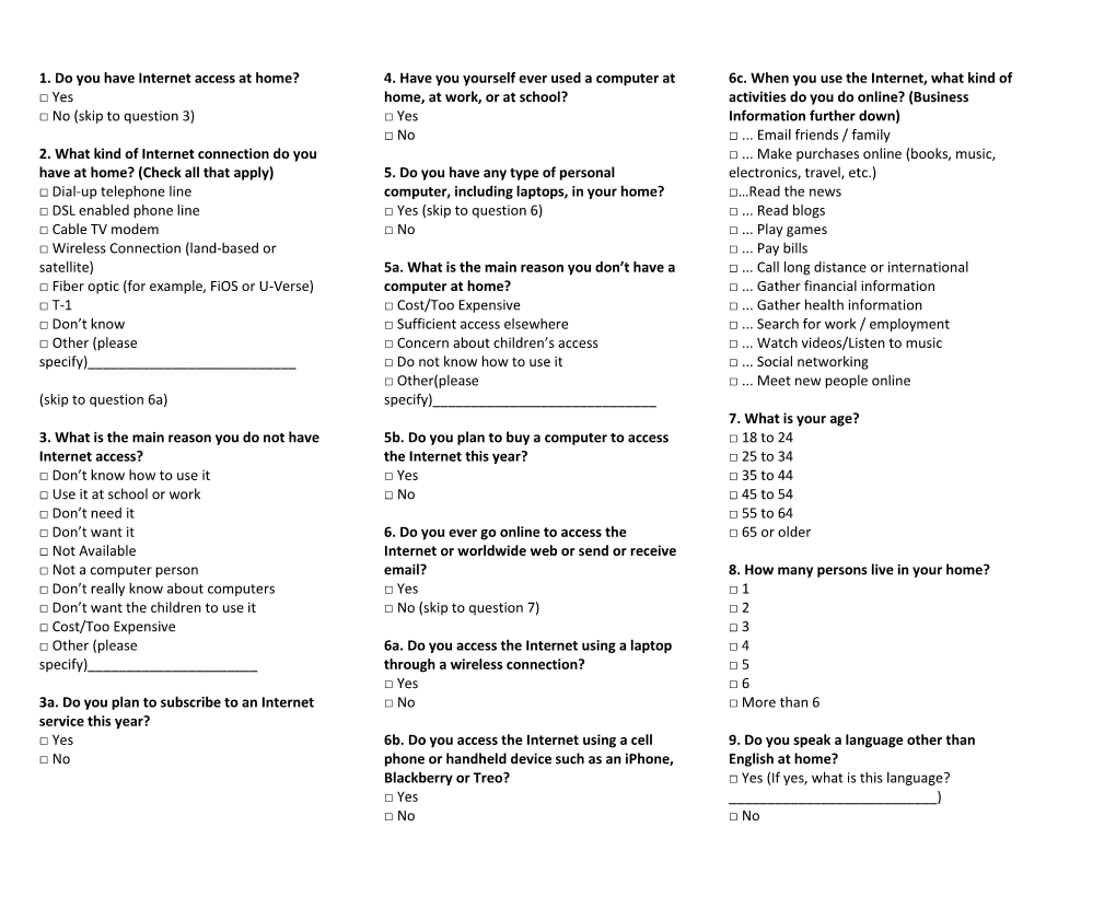 1. Do You Have Internet Access at Home? Yes No