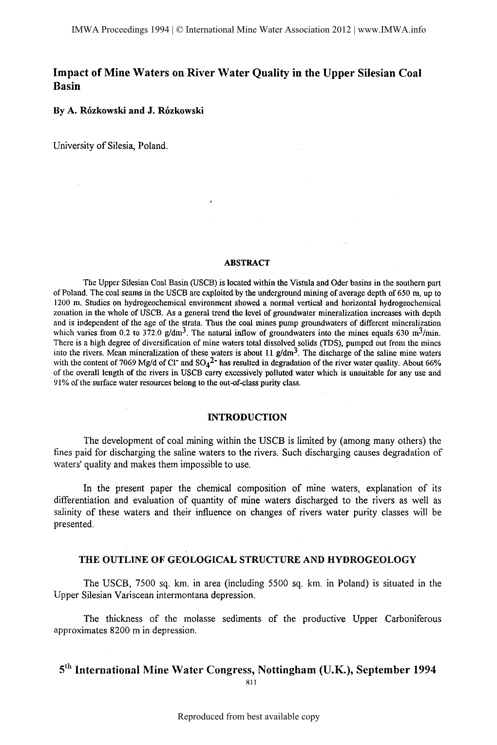 Impact of Mine Waters on River Water Quality in the Upper Silesian Coal Basin