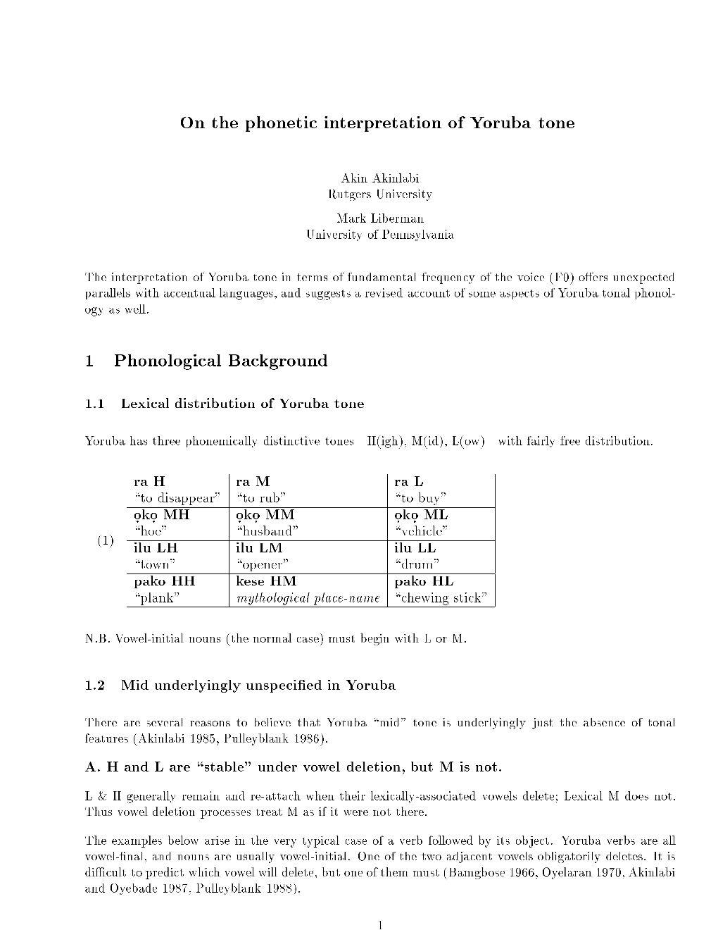 On the Phonetic Interpretation of Yoruba Tone 1 Phonological Background