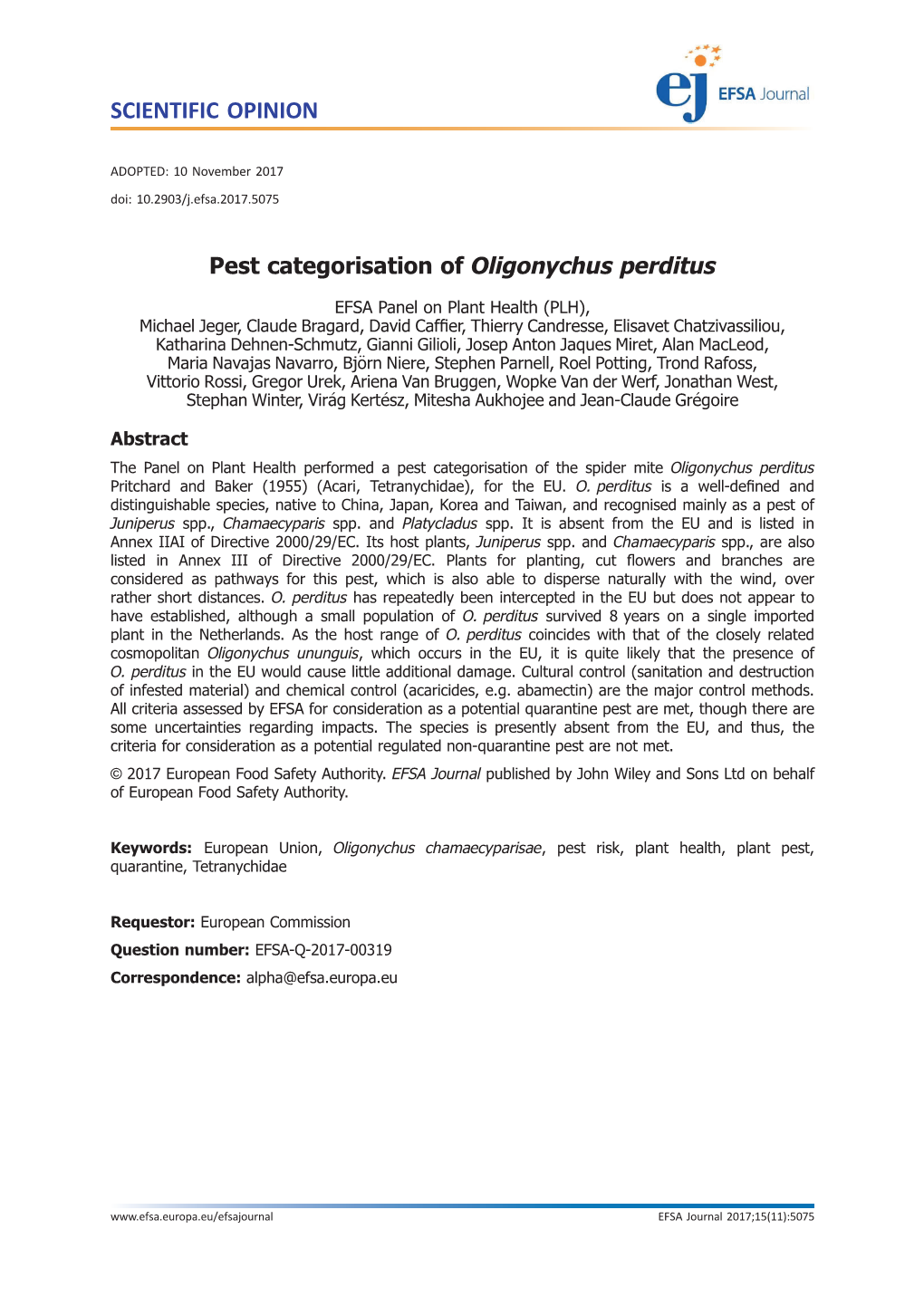 Pest Categorisation of Oligonychus Perditus