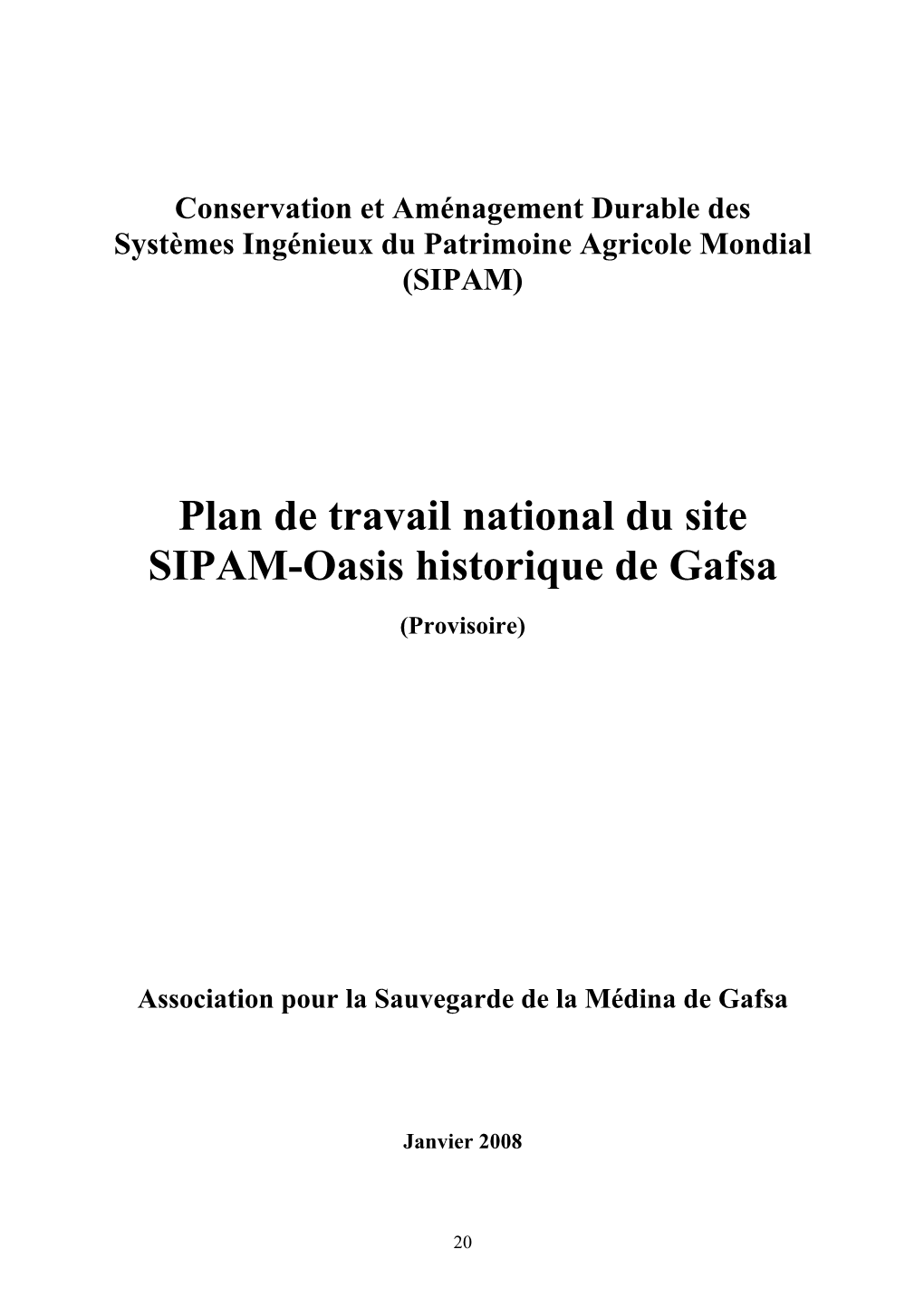 Plan De Travail National Du Site SIPAM-Oasis Historique De Gafsa