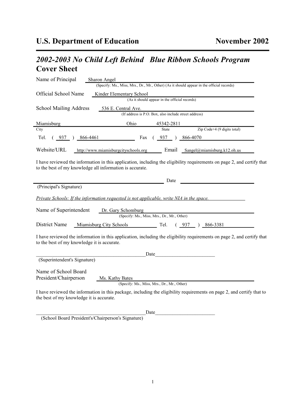 Kinder Elementary School 2003 No Child Left Behind-Blue Ribbon School (Msword)