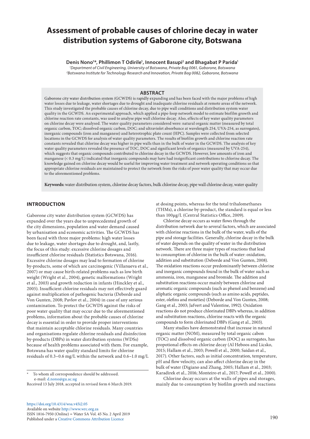 Assessment of Probable Causes of Chlorine Decay in Water Distribution Systems of Gaborone City, Botswana