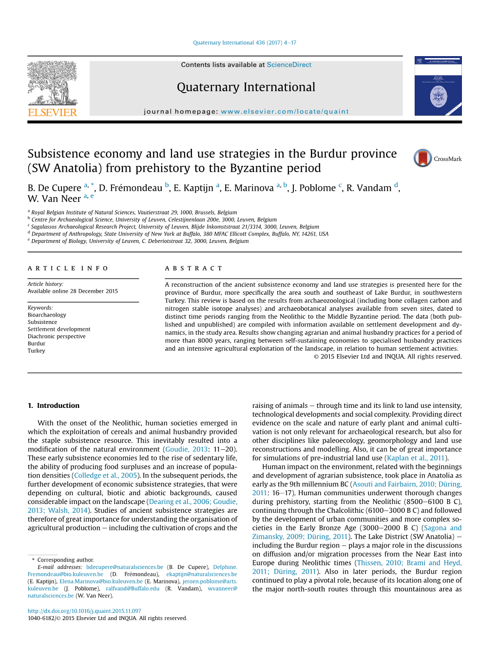 Subsistence Economy and Land Use Strategies in the Burdur Province (SW Anatolia) from Prehistory to the Byzantine Period