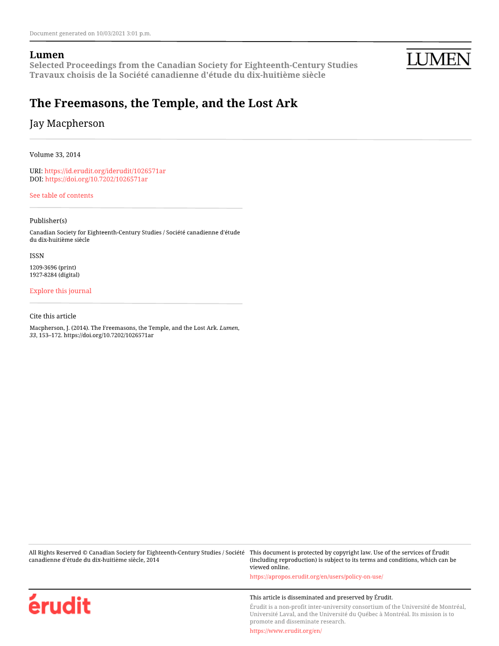 The Freemasons, the Temple, and the Lost Ark Jay Macpherson