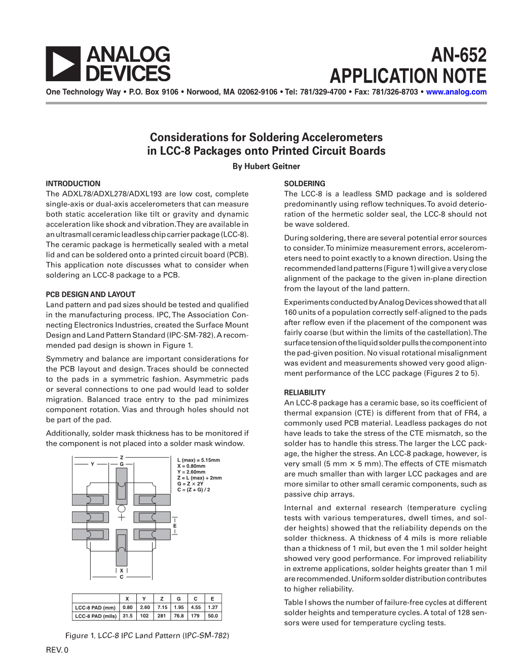 Considerations for Soldering Accelerometers in LCC-8 Packages Onto Printed Circuit Boards by Hubert Geitner