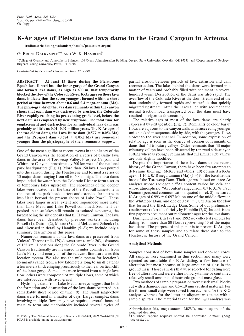 K-Ar Ages of Pleistocene Lava Dams in the Grand Canyon in Arizona (Radiometric Dating͞volcanism͞basalt͞potassium-Argon)