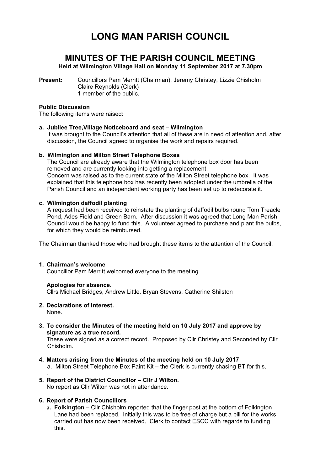 Long Man Parish Council Minutes of the Parish Council Meeting
