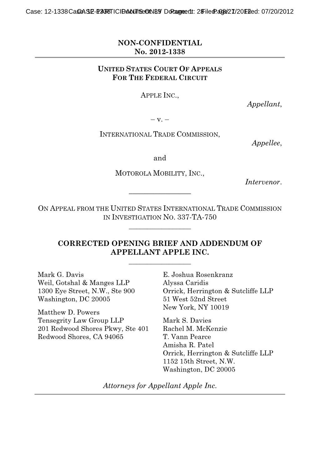 Corrected Opening Brief and Addendum of Appellant Apple Inc