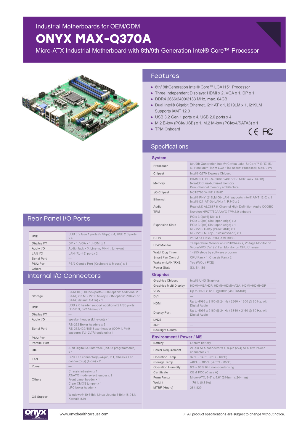ONYX MAX-Q370A Micro-ATX Industrial Motherboard with 8Th/9Th Generation Intel® Core™ Processor