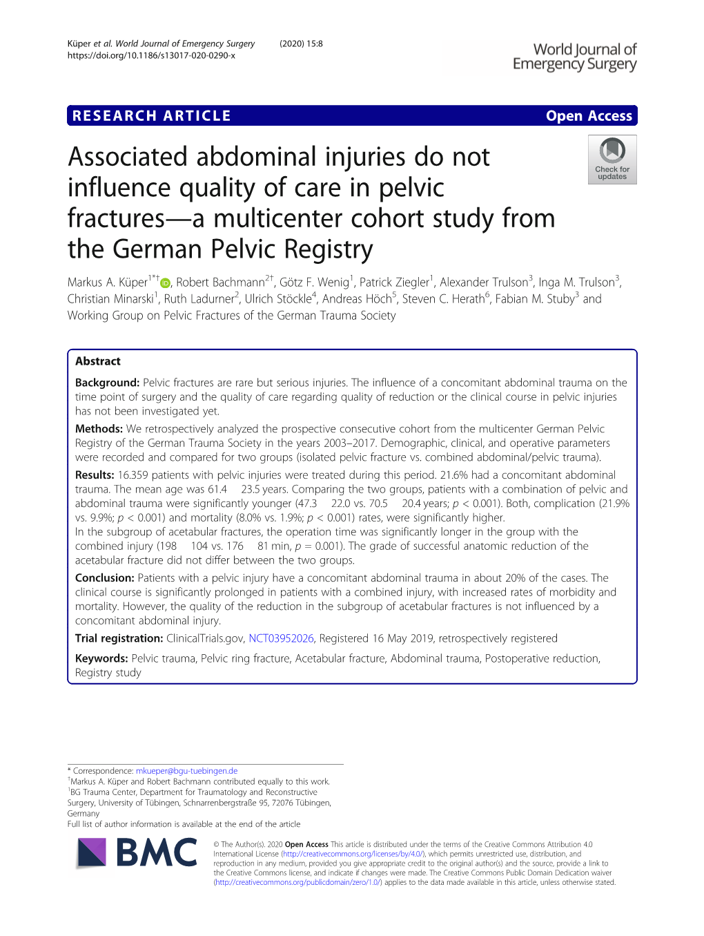 Associated Abdominal Injuries Do Not Influence Quality of Care in Pelvic Fractures—A Multicenter Cohort Study from the German Pelvic Registry Markus A