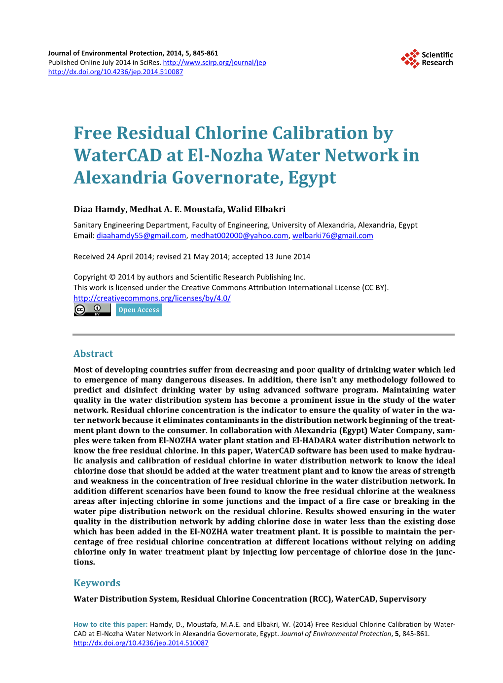 Free Residual Chlorine Calibration by Watercad at El-Nozha Water Network in Alexandria Governorate, Egypt