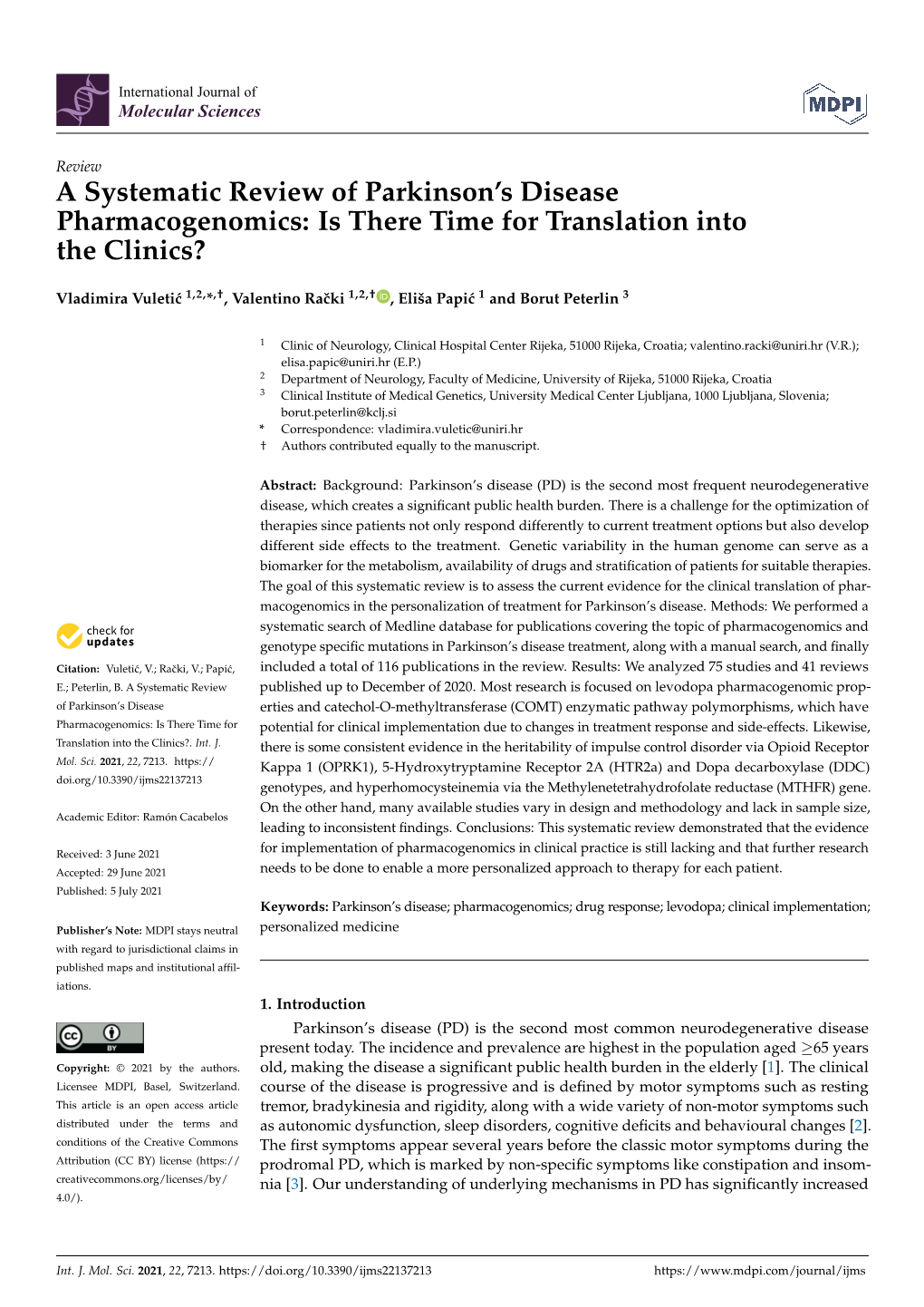 A Systematic Review of Parkinson's Disease Pharmacogenomics