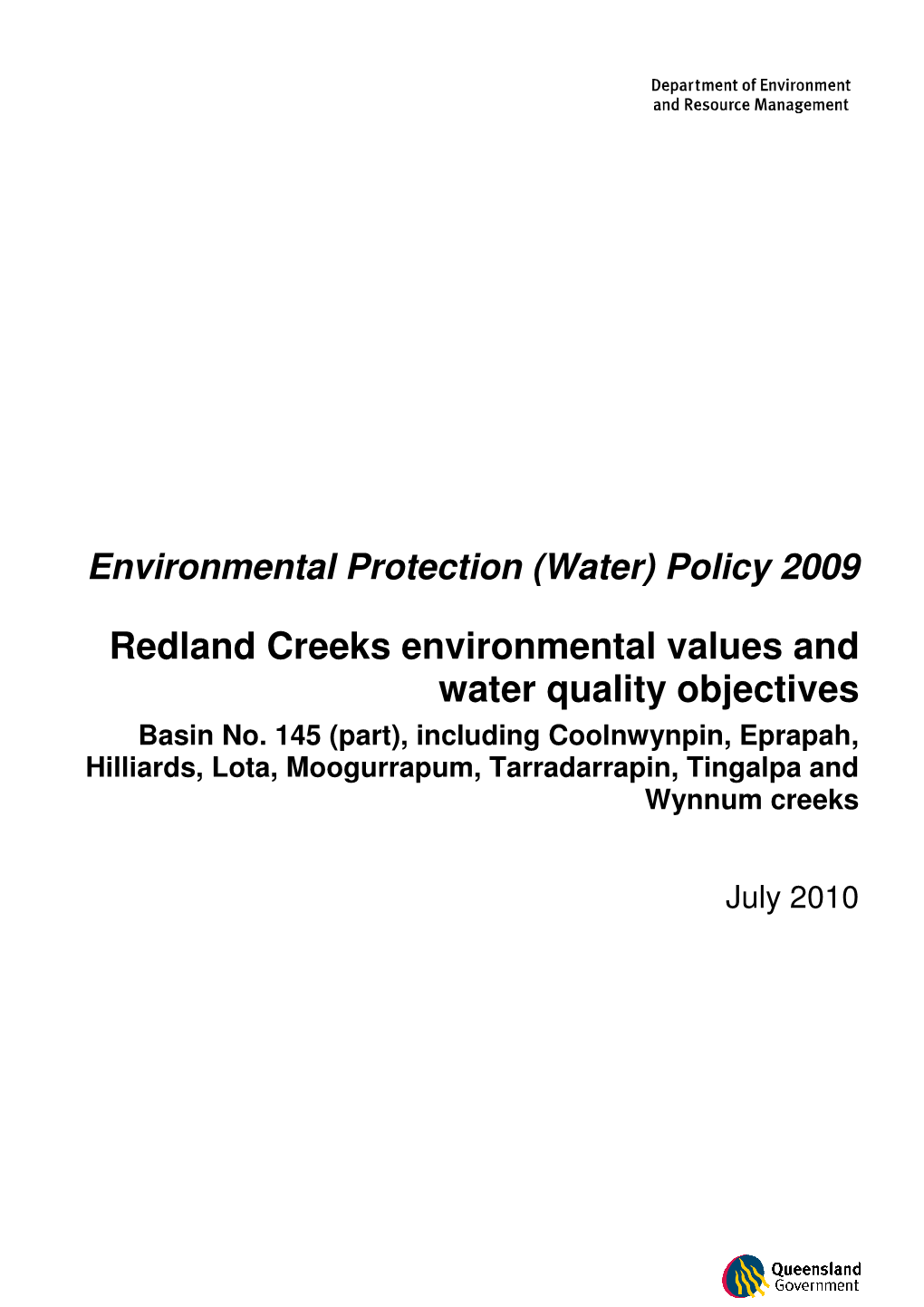 Redland Creeks Environmental Values and Water Quality Objectives Basin No