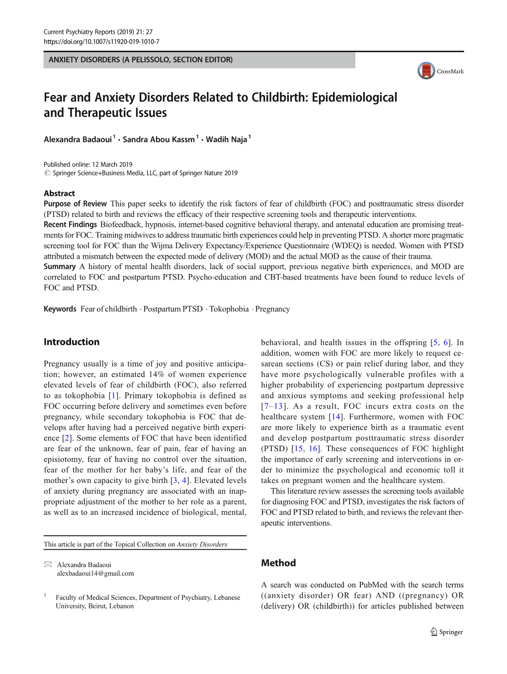 Fear and Anxiety Disorders Related to Childbirth: Epidemiological and Therapeutic Issues