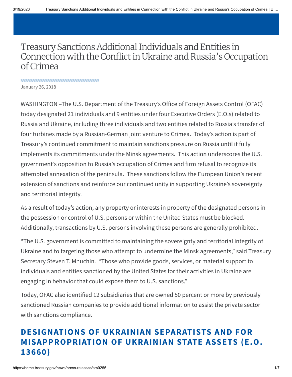 Treasury Sanctions Additional Individuals and Entities in Connection with the Conflict in Ukraine and Russia's Occupation of C