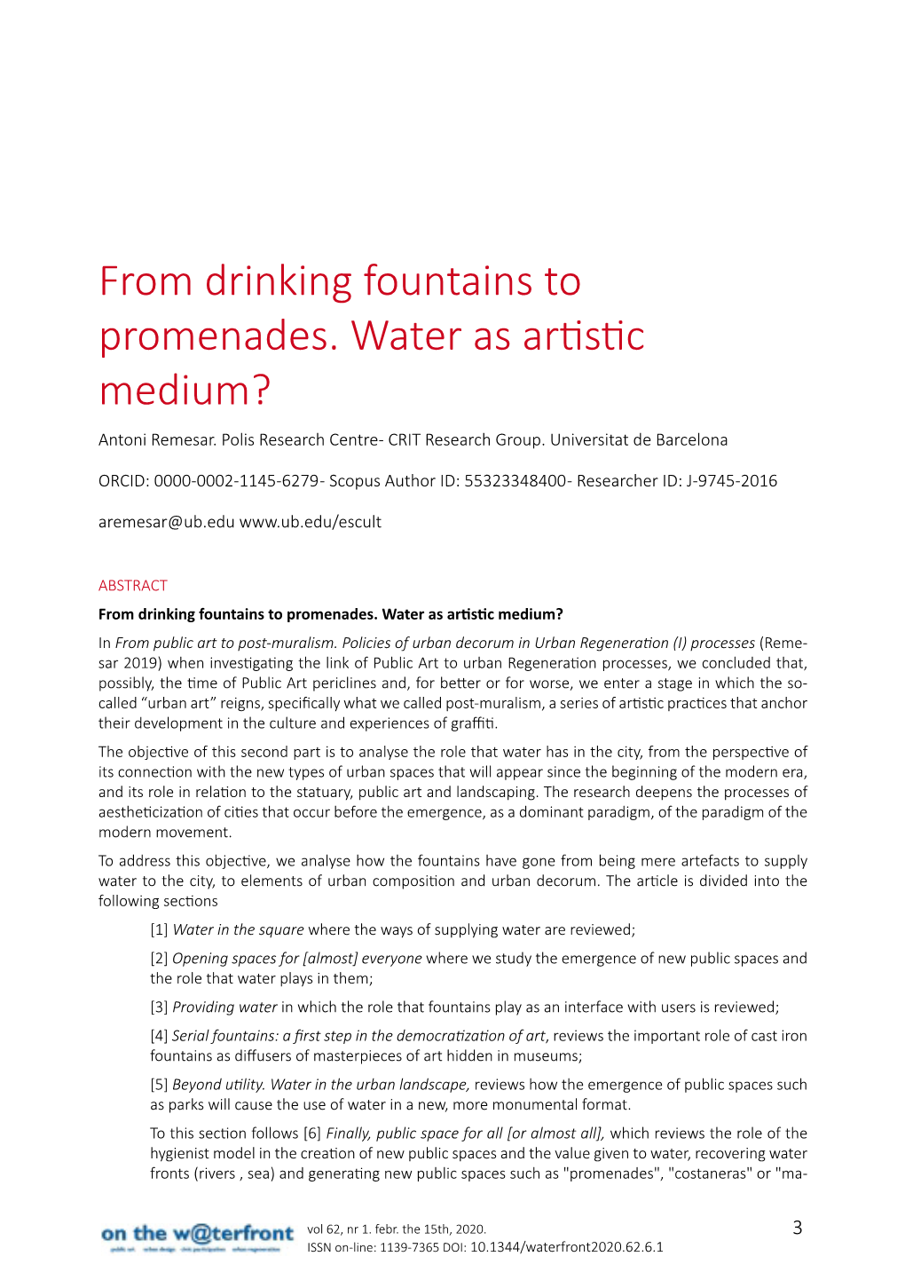 From Drinking Fountains to Promenades. Water As Artistic Medium? Antoni Remesar