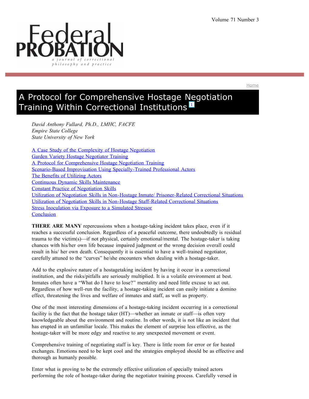 A Protocol for Comprehensive Hostage Negotiation Training Within Correctional Institutions 1