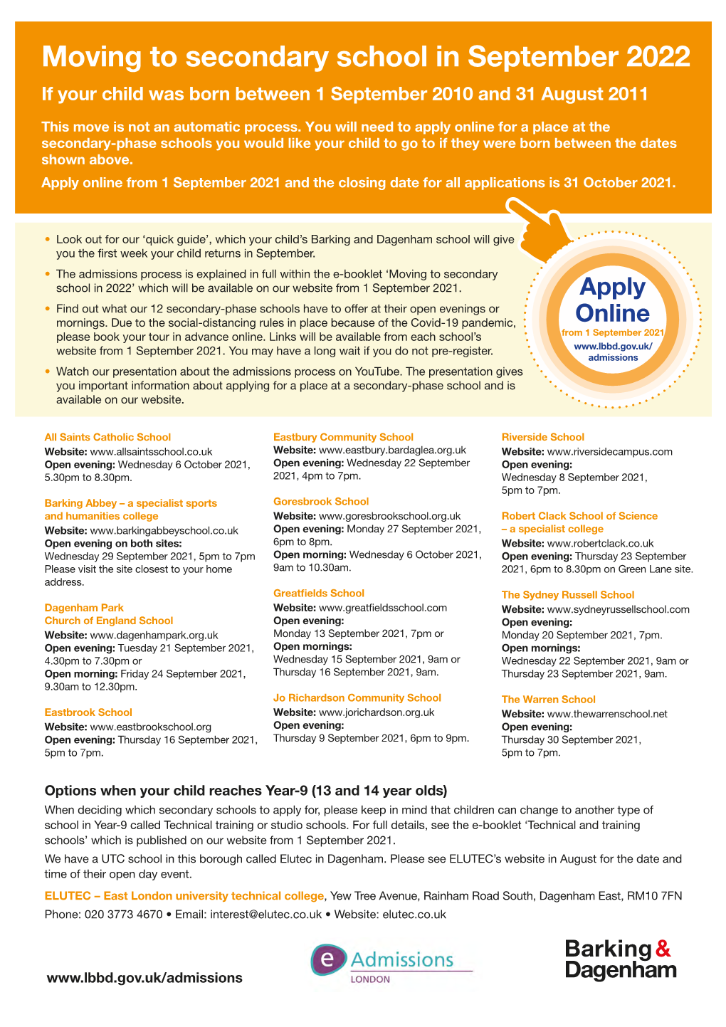 Moving to Secondary School in September 2022 If Your Child Was Born Between 1 September 2010 and 31 August 2011