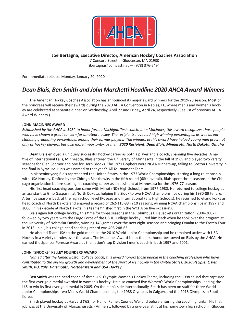Dean Blais, Ben Smith and John Marchettiheadline 2020 AHCA Award Winners