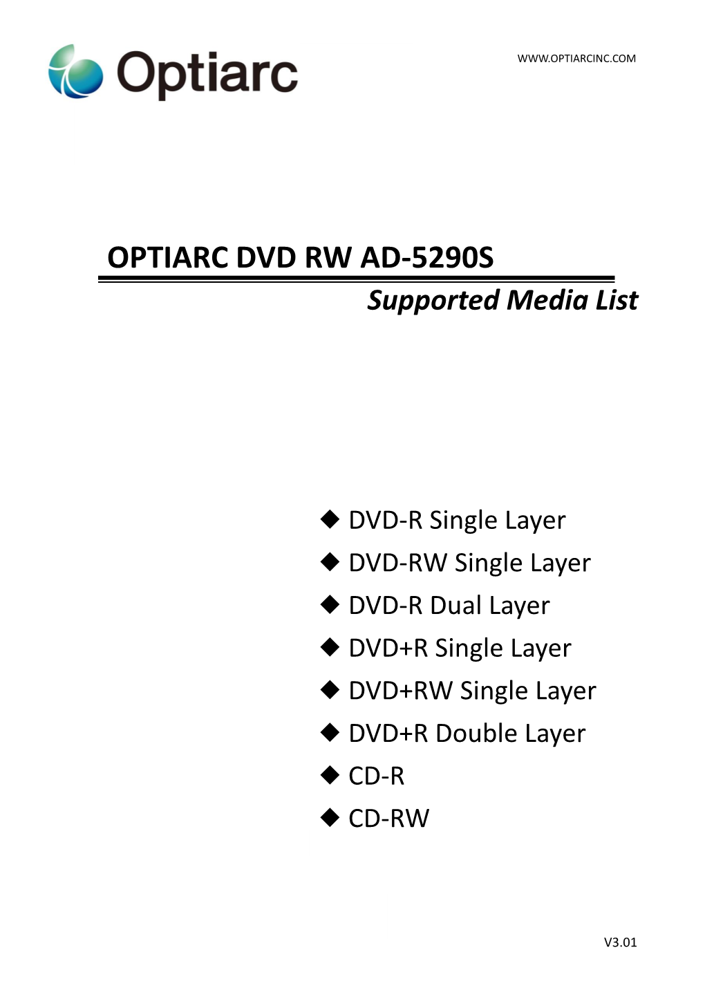 Supported Media List of OPTIARC DVD-RW AD-5290S V3.01
