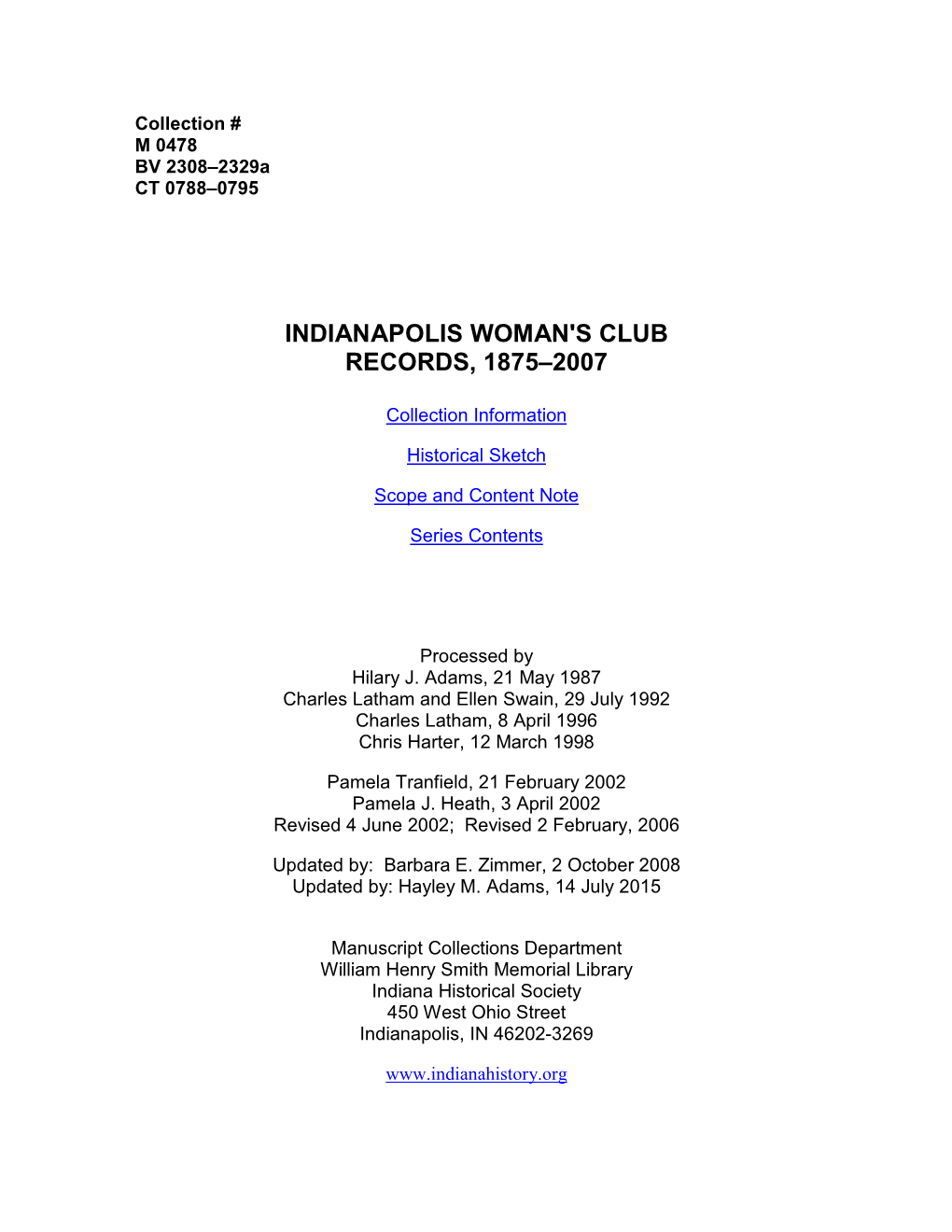 Indianapolis Woman's Club Records, 1875–2007